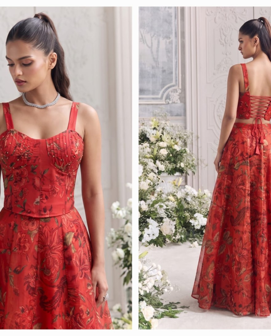 RED - Red Floral Tabby Organza Party Wear Lehenga Set